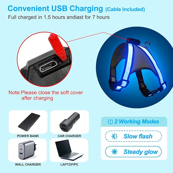 Visinite LED Dog Harness, USB Rechargeable Light Up Dog Vest, 2 Illuminate Modes Glow in The Dark