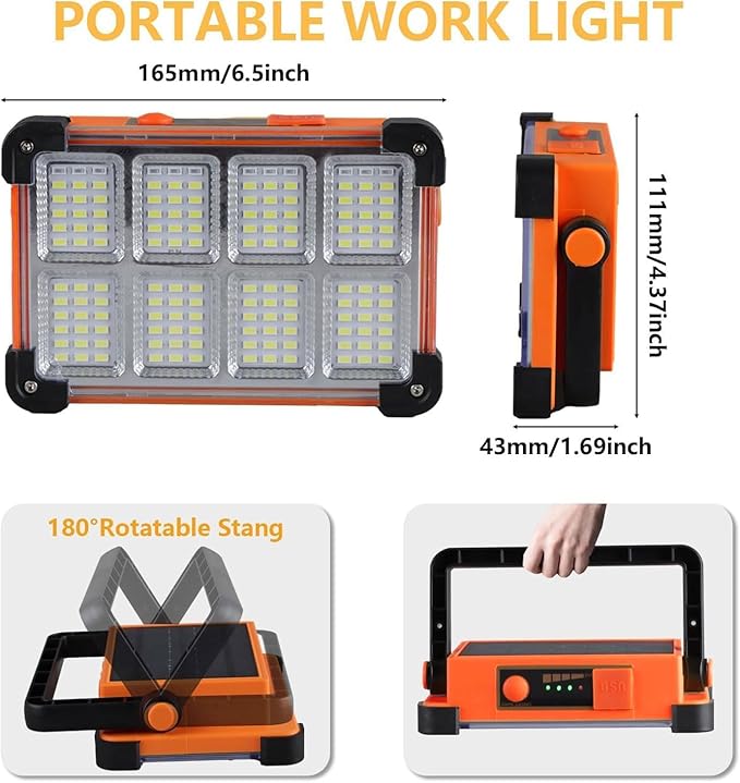 120W Solar Rechargeable Work Light, 144 LED 10000LM Portable Flood Light with Stand, IP66