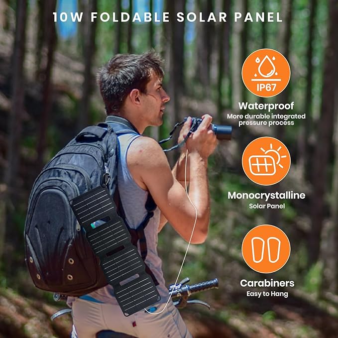FlexSolar 10W Foldable Solar Chargers 5V USB Small Power Emergency Portable 4 Folds Panels IP67