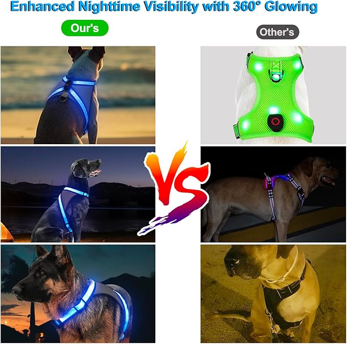 Visinite LED Dog Harness, USB Rechargeable Light Up Dog Vest, 2 Illuminate Modes Glow in The Dark