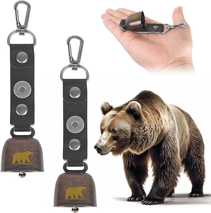2 Pack Loud Bear Bells with Magnetic Silencer, Leather Button Strap, Carabiner for Bear Deterrent