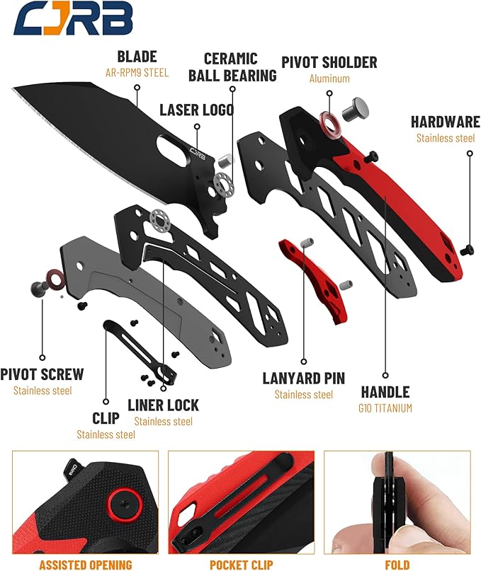 CJRB Folding Pocket Knife Caldera (J1923) AR-RPM9 Powder Steel Red G10 Handle for Men EDC Camping