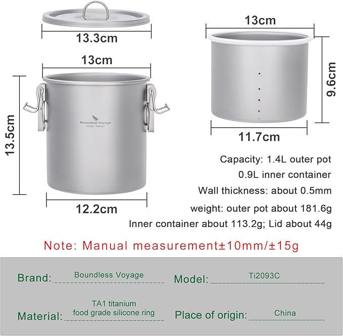 Boundless Voyage Titanium Rice Cooker Camping Cooking Pot Ultralight Camping Cookware Set for