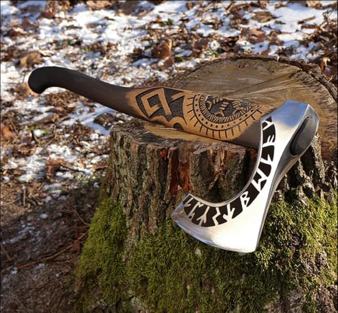 SHINY CRAFTS Viking Axe Hatchet - 27" Long Helm of Awe Carved Forged Steel With Engraving, Medieval