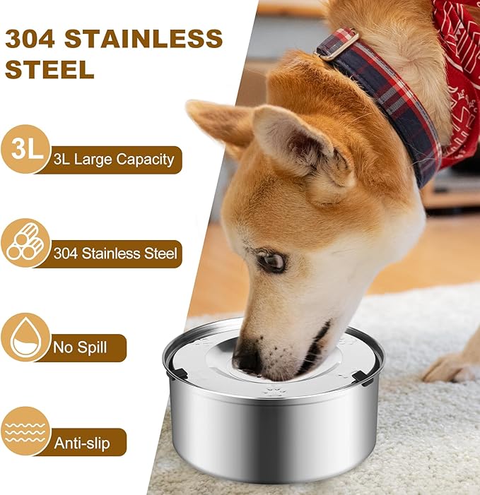 3L/101oz Dog Water Bowl No Spill, No Spill Water Bowl for Dogs|Spill Proof, Stainless Steel Slobber