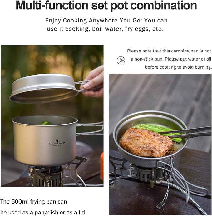 Boundless Voyage Outdoor Titanium Pot with Pan Set with Collapsible Folding Handle for Outdoor