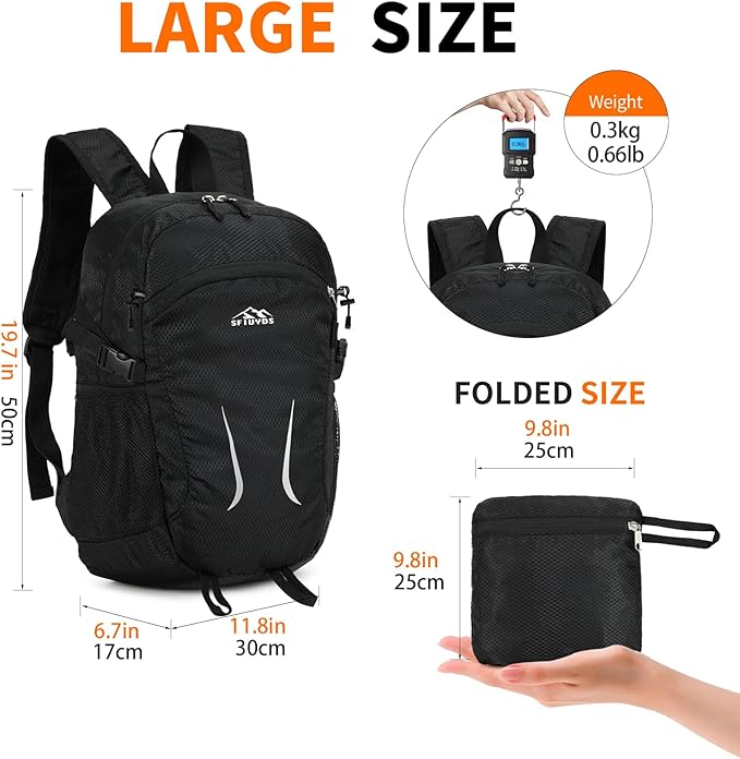 Large Hiking Daypack,30L Water Resistant Hiking Backpack Packable Lightweight Travel Day Pack for