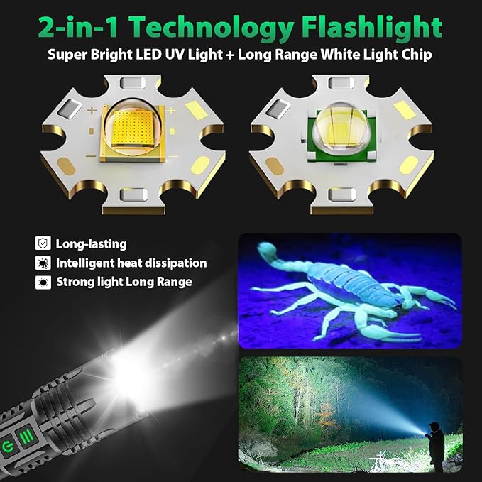 AdamStar UV&High Lumens Flashlight Rechargeable, 2-in-1 Powerful Blacklight LED Flashlight Tactical
