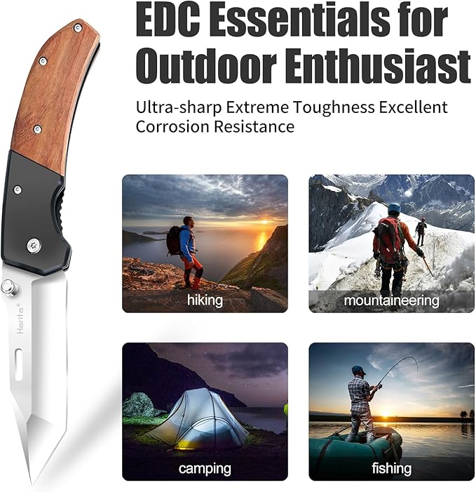 Harita Pocket Knife for Men, Folding Utility with Pocket Clip, Wood Handle EDC for Women with 3.4″