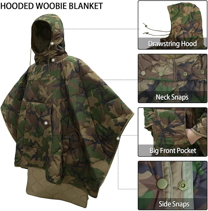 Poncho Liner Hoodie with Pocket Insulated Military Sleeping Bag Waterproof for Outdoor Camping