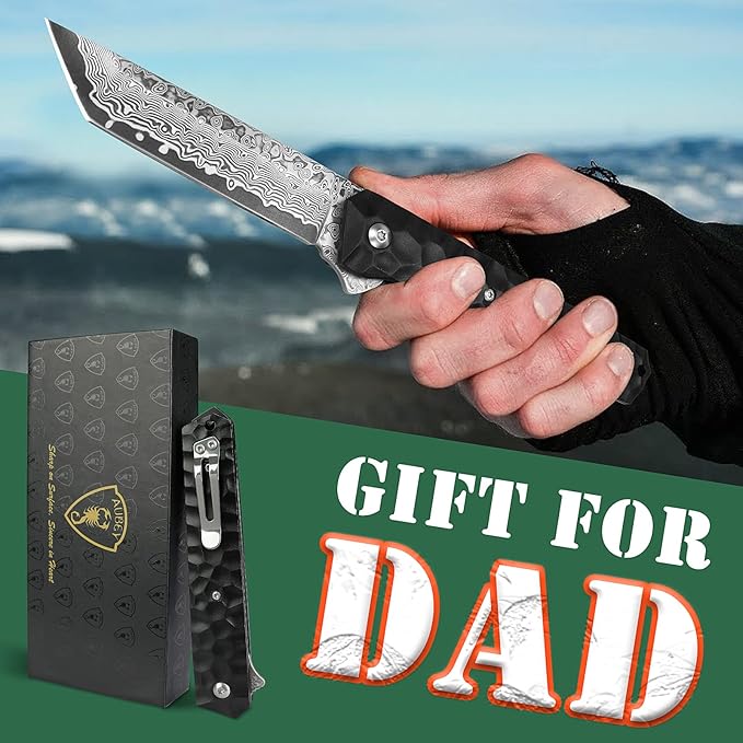 AUBEY Damascus Pocket Knife, Tanto VG10 Core Damascus Steel Folding Knives with Ball Bearing