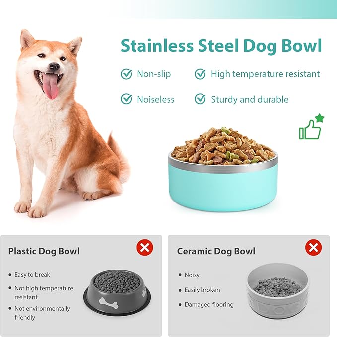Stainless Steel Dog Bowl - Metal Water and Food Dish for Large Dogs, Insulated, Non-Slip, Easy