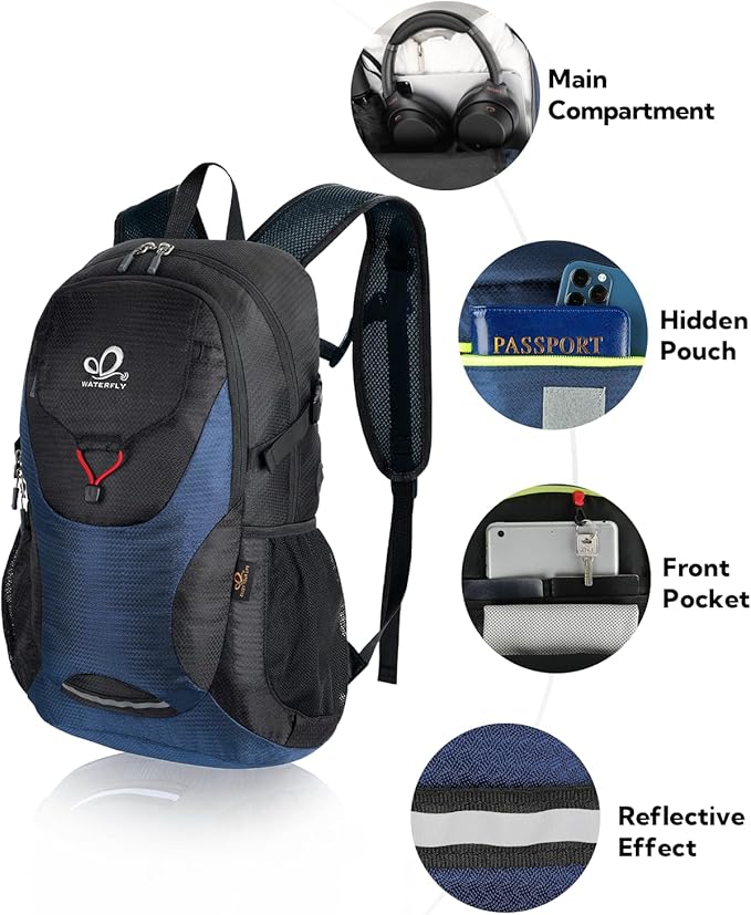 WATERFLY Lightweight Packable Hiking Backpack: 30L Foldable Travel Daypack Ultralight Camping Day