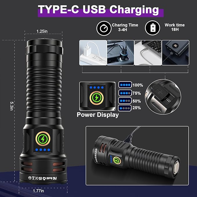 2-in-1 365nm UV Flashlight & High Lumens LED Flashlight, 7 Modes Rechargeable, 18H Runtime, IPX5
