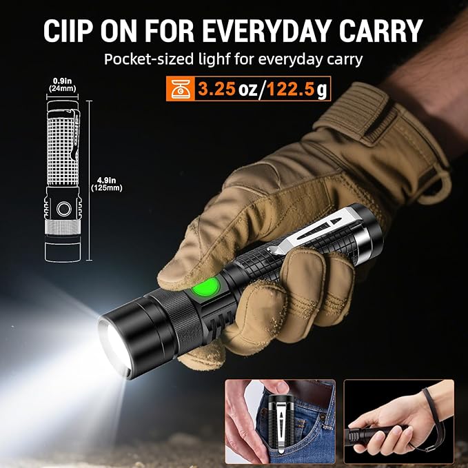 LED Tactical Flashlight Rechargeable - One Click SOS, Super Bright Small LED Flashlight 3Hr USB-C