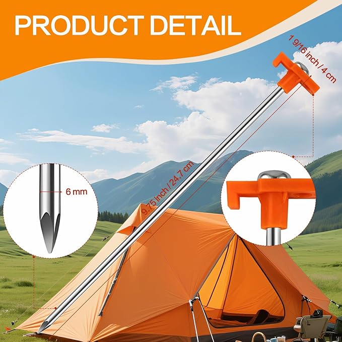 10 Pack Tent Stakes - 9.75 Inch Galvanized Non-Rust Ground Stakes Heavy Duty Canopy Anchors Metal