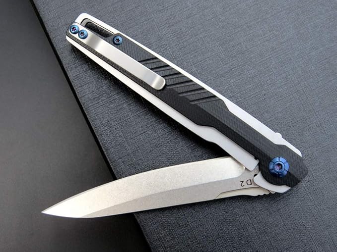 Eafengrow EF942 EDC Folding Knife, D2 Steel Blade Titanium Plating & G10 Handle,Pocket Clip with
