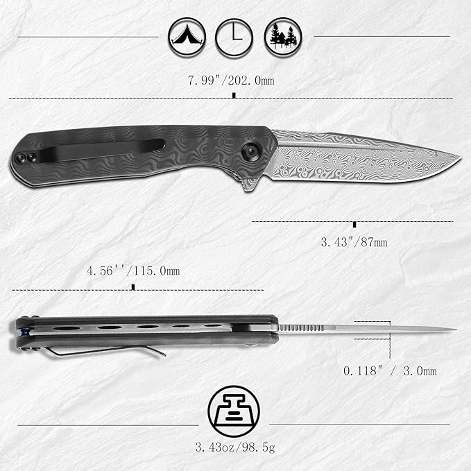 KANSEPT Qilin Pocket Knife,3.24'' Damascus Sharp Blade, Black Rose Carbon Fiber Handle for Edc