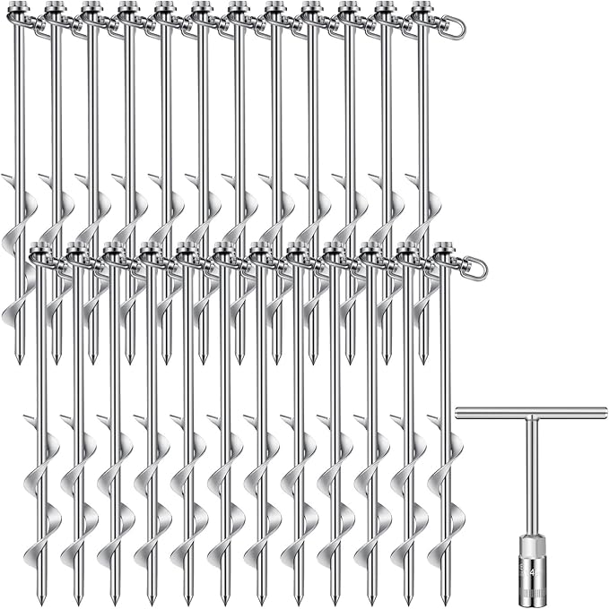 Zhengmy 24 Pcs Ground Anchors Screw in, 12 Inch Heavy Duty Tent Stakes with Trampoline Anchor Hook