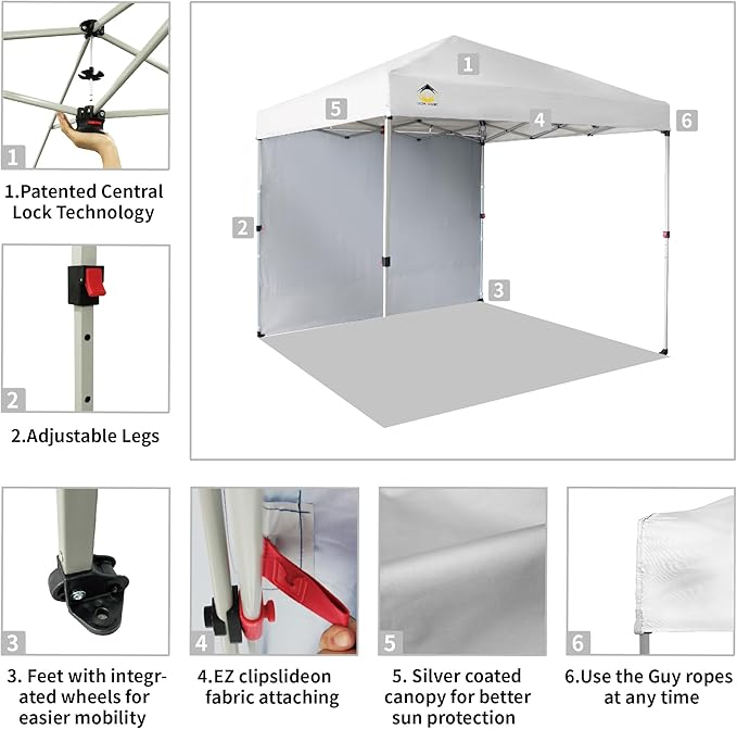 CROWN SHADES 8x8 Pop Up Canopy with 1 Side Wall - Beach Tent with One Push Setup - Outdoor Sun