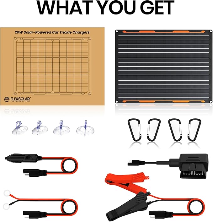 FlexSolar 20W 12V Solar Panel Battery Charger Maintainer Kits Trickle Charger with Built-in Charge