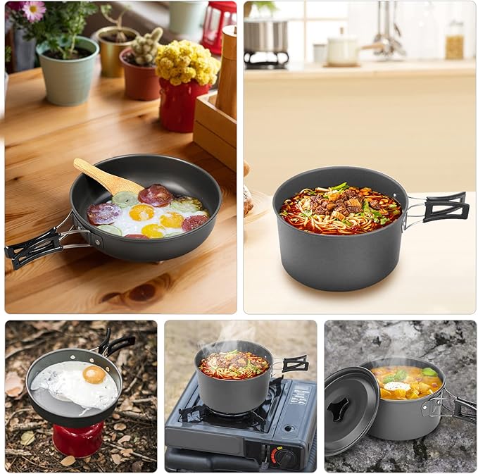 Lixada 10pcs Camping Cookware Mess Kit, Non-Stick Lightweight Stackable Pot Pan Bowls Camping