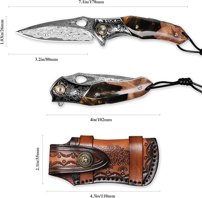 handmade Japan Damascus steel pocket knifeï¼?.1" VG10 blade men and women Folding knife，With