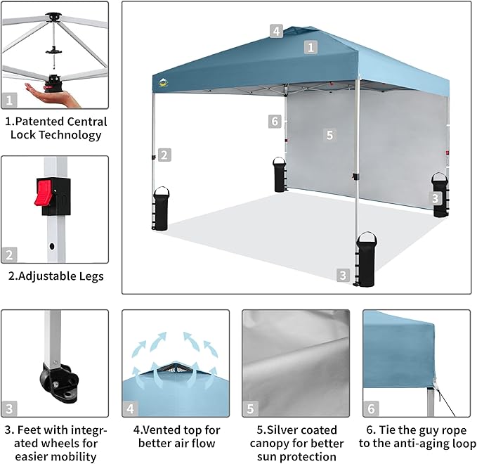 CROWN SHADES 10x10 Pop Up Canopy with 1 Side Wall - Beach Tent with One Push Setup - Outdoor Sun