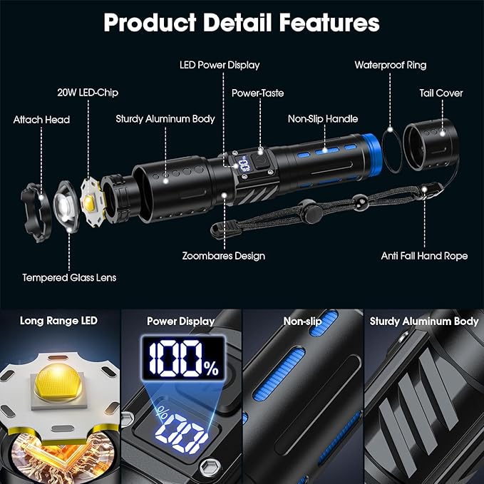 EDC Flashlights 2000 High Lumens Rechargeable - Long Beam Small Pocket LED Tactical Flashlight with
