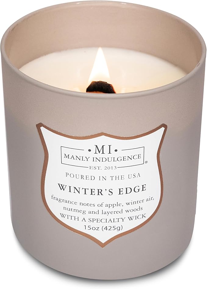 Manly Indulgence Winters Edge Scented Candles for Men, 15 oz Wooden Wick, Premium Soy Blend Wax