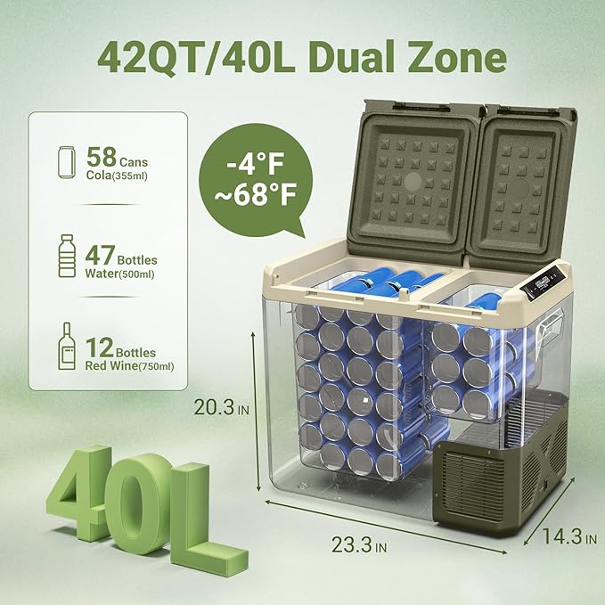 BODEGACOOLER 12V Portable Refrigerator, 42Quart (40L) Dual Zone Car Refrigerator, RV Car Fridge APP