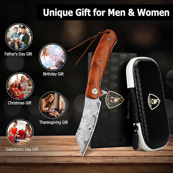 AUBEY Pocket Knife for EDC, 3.15" VG10 Core Damascus Steel Blade Folding Knife with Wood Handle