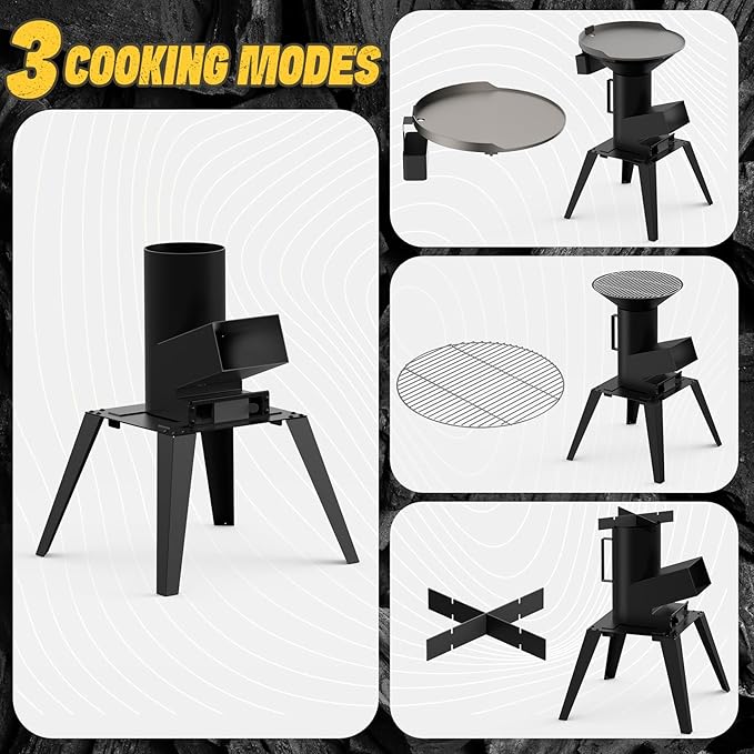 3-in-1 Camp Rocket Stove Kit with BBQ Grate, Griddle, Pot Rack, Portable Wood Burning Stove with