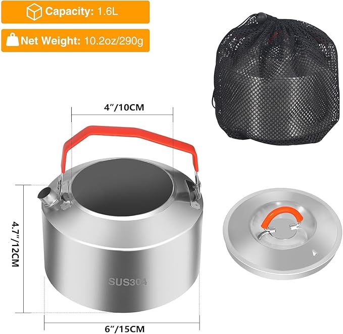REDCAMP 1.6L Outdoor Camping Kettle, Lightweight Stainless Steel Water Pot with Carrying Bag