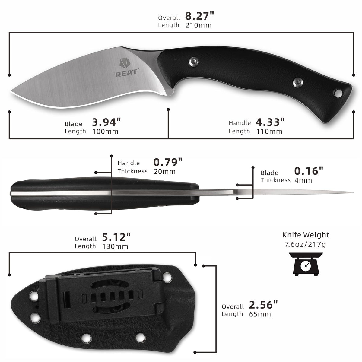 REAT Fixed Blade Knife with Kydex Sheath,4" D2 Steel Blade,Ergonomic G10 Handle for EDC Hunting
