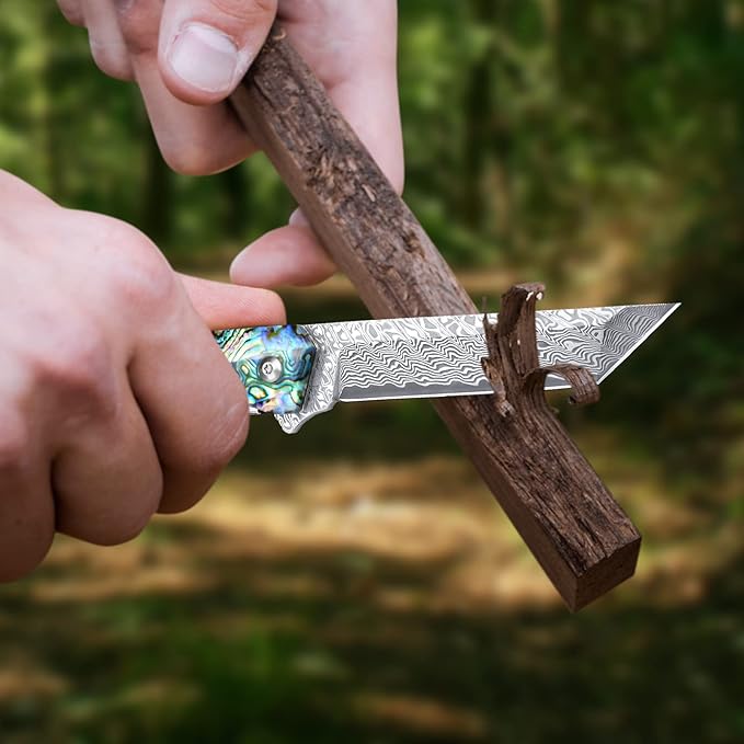 AUBEY Damascus Pocket Knife with Clip, Sharp Tanto Blade with VG10 Core Folding Knife with Abalone