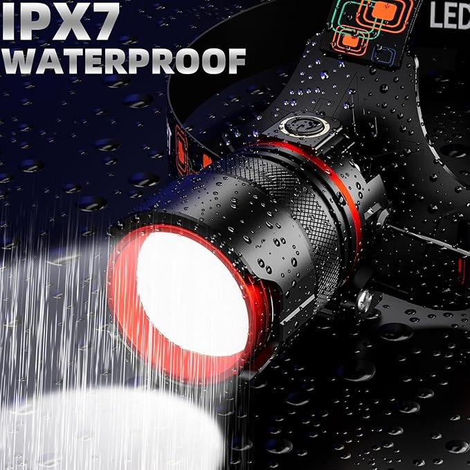 Headlamp 90000 LUMENS LED Rechargeable Head Lamps, Zoomable Headlight with 5 Modes & IPX7