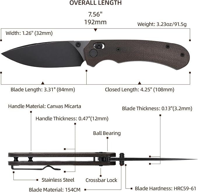 Folding Knife,Pocket Knife,3.31??154CM Blade,Erogonomic Canvas Micarta Handle,Survival Camping