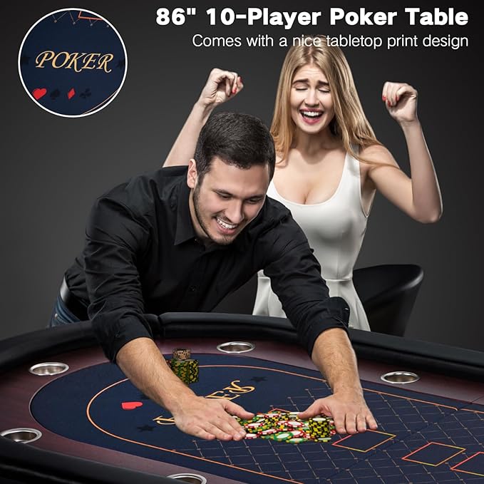 10 Player Foldable Poker Table, 86" Large Professional Folding Texas Holdem Poker Card Table
