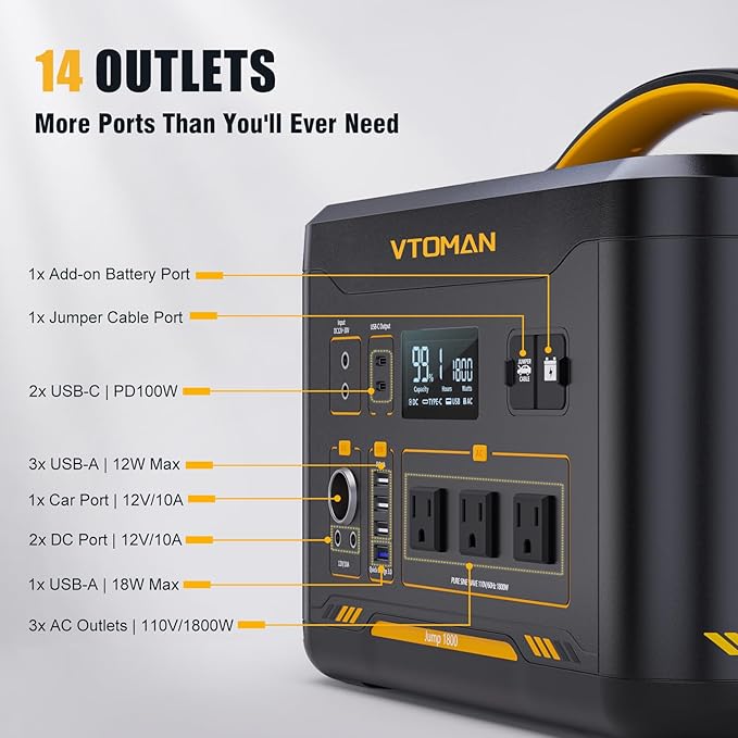 VTOMAN Jump 1800 Portable Power Station, 1548Wh LiFePO4 Solar Generator 1800W (Peak 3600W)