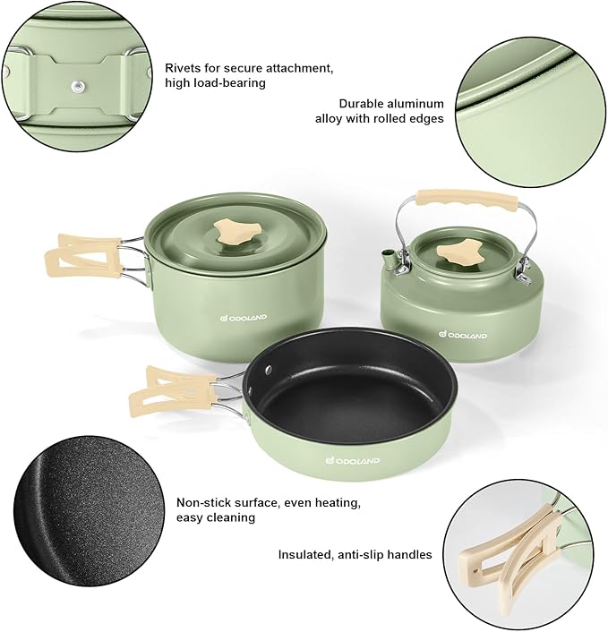 Odoland 15pcs Camping Cookware Mess Kit, Non-Stick Lightweight Pot Pan Kettle Set with Stainless