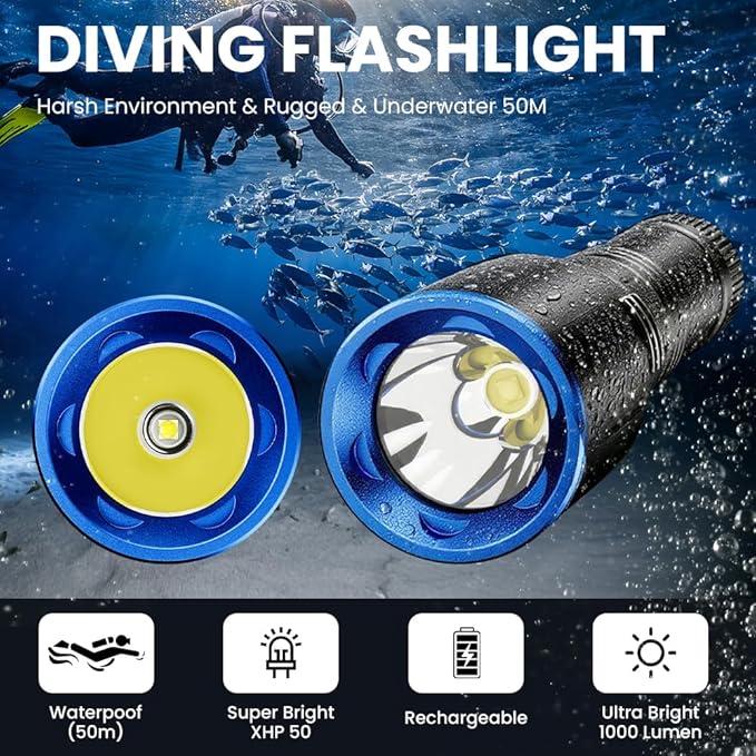 1000 Lumens Dive Light, Waterproof IPX8 100M, Rechargeable LED Flashlight with 11° Beam Angle