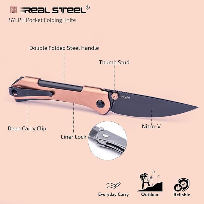 REALSTEEL SYLPH Folding Pocket Knife, Liner Lock, 3.07" Nitro-V Steel Black PVD Blade, Thumb Stud