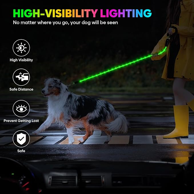 YFbrite Waterproof Light up Dog Leash with 15 Flashing Modes - Super Bright LED Dog Leash for Small