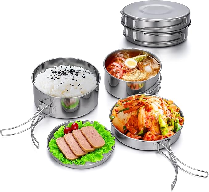 Lixada Camping Cookware Set, 4PCS Portable Stainless Steel Camp Cook Set, Lightweight Stackable