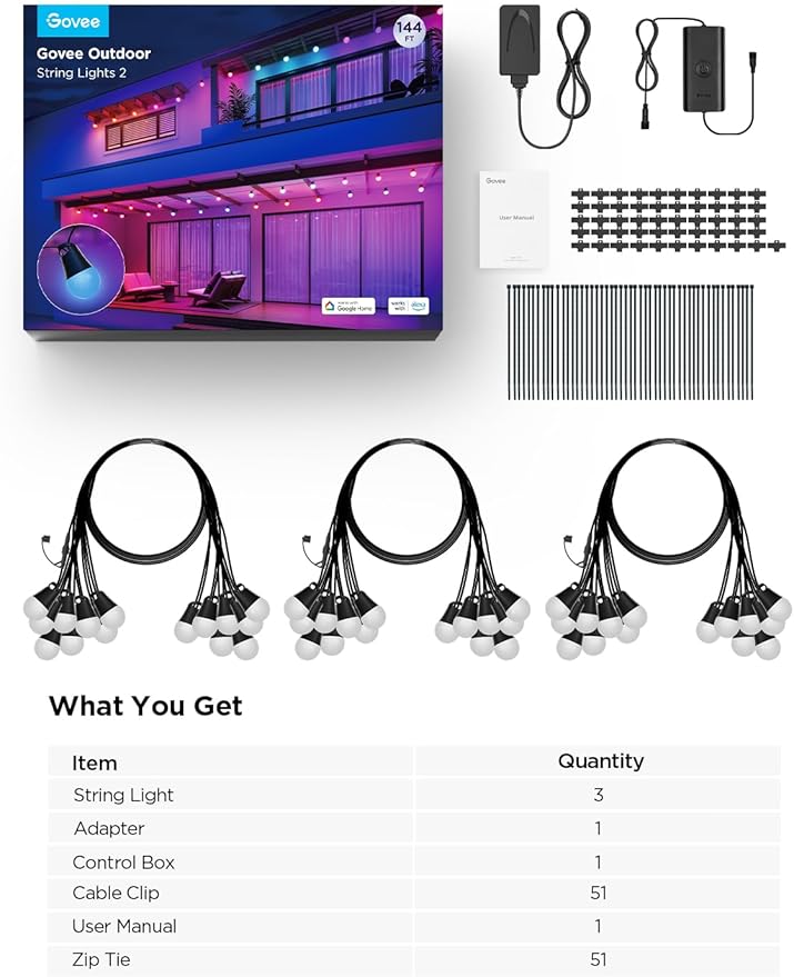 Govee Smart Outdoor String Lights 2, 144ft Outdoor Lights with Dimmable Warm White LED Bulbs, 47
