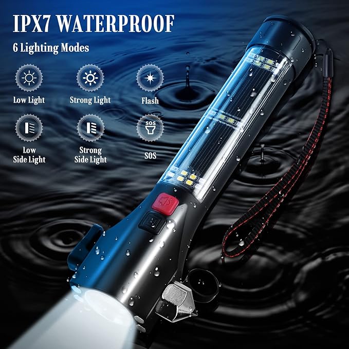 Solar Powered Car Safety Hammer Flashlight with Seatbelt Cutter, LED High Lumens, Red and Blue SOS
