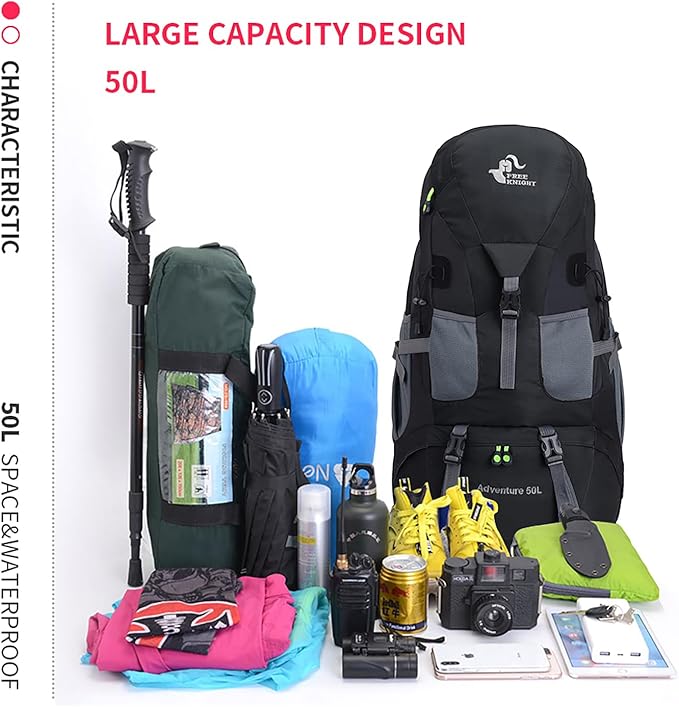 Bseash 50L Hiking Backpack, Water Resistant Lightweight Outdoor Sport Daypack Travel Bag for