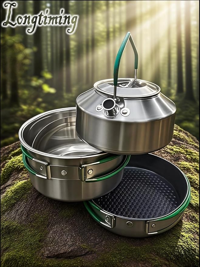 Stainless Steel Camping Cookware, durable, easy to clean, and quick to heat up. Compact camping