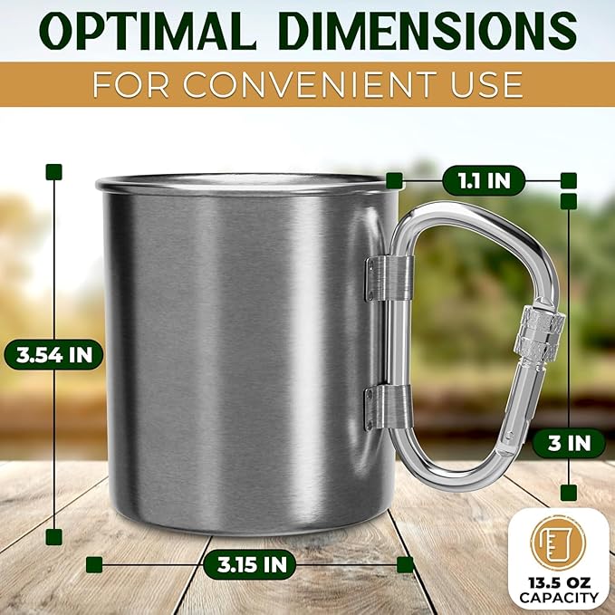 13.5 Oz Stainless Steel Camping Mug with Carabiner - Metal Camping Cup for Traveling, Lightweight